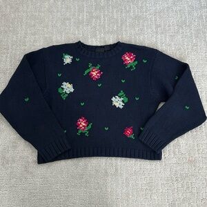 VTG Liz Claiborne 100% cotton sweater navy blue green floral collar embellished